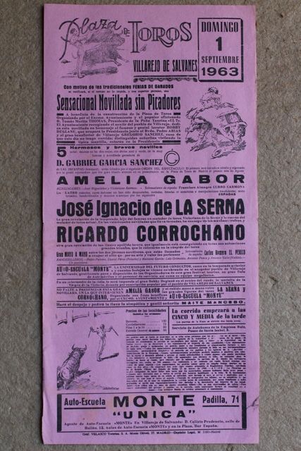 Cartel de toros de Villarejo de Salvanés. 1 de septiembre de 1963.