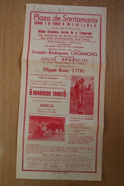 Cartel de toros de Bogotá. Plaza de Santamaría. 1951.