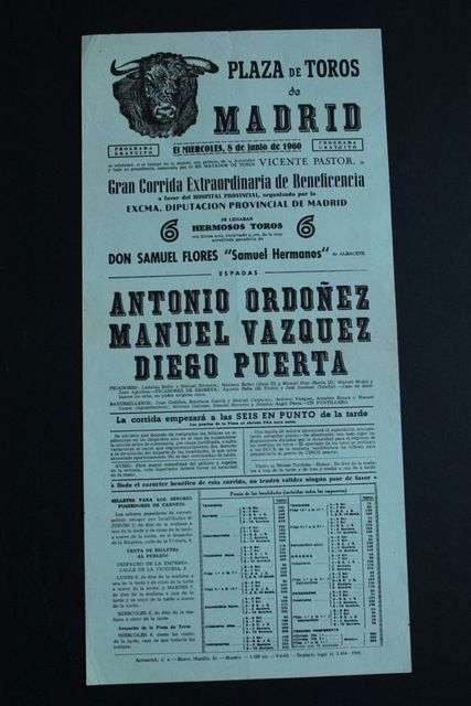 Cartel de toros de Madrid. 8 de junio de 1960. Beneficencia.