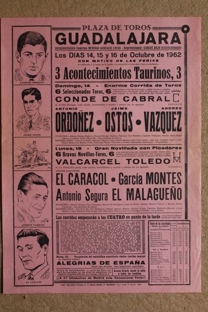 Cartel de toros de Guadalajara. 14, 15 y 16 de octubre de 1962.