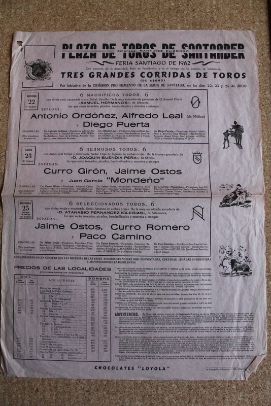 Cartel de toros de Santander. 22, 23 y 25 de julio de 1962.