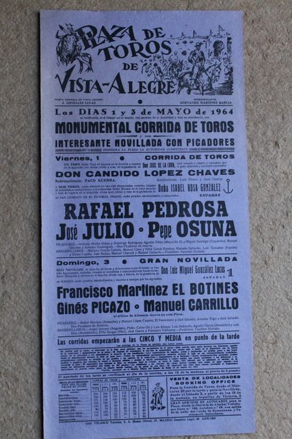Cartel de toros de Vista-Alegre. Madrid. 1 y 3 de mayo de 1964.