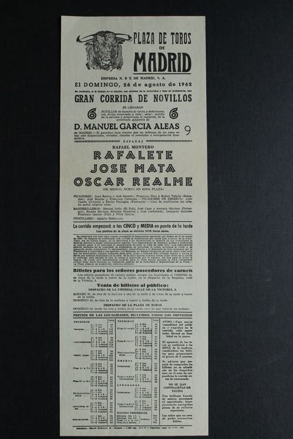 Cartel de toros de Madrid. 26 de agosto de 1962. 