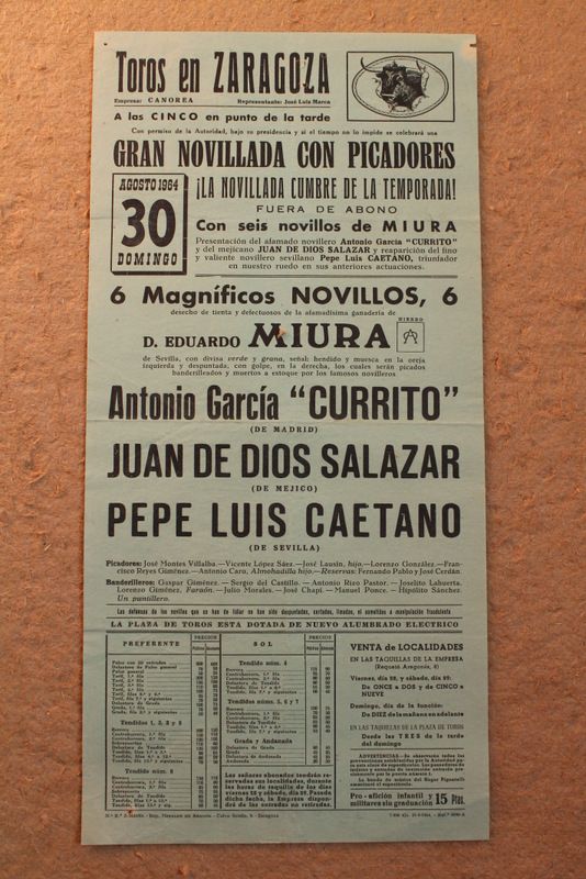 Cartel de toros de Zaragoza. 30 de agosto de 1964.