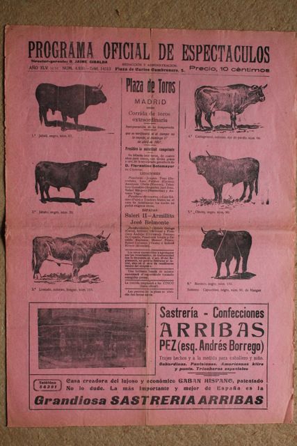 Programa de toros de Madrid. 17 de abril de 1927.
