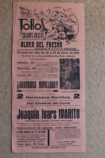 Cartel de toros de Aldea del Fresno. 28, 29 y 30 de junio de 1958.