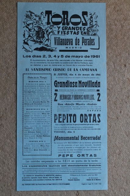 Cartel de toros de Villanueva de Perales. 2, 3, 4 y 5 de mayo de 1961. 