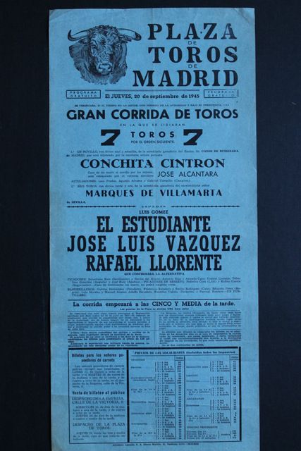 Cartel de toros de Madrid. 20 de septiembre de 1945. 