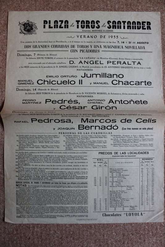 Cartel de toros de Santander. 7, 14 y 21 de agosto de 1955. 