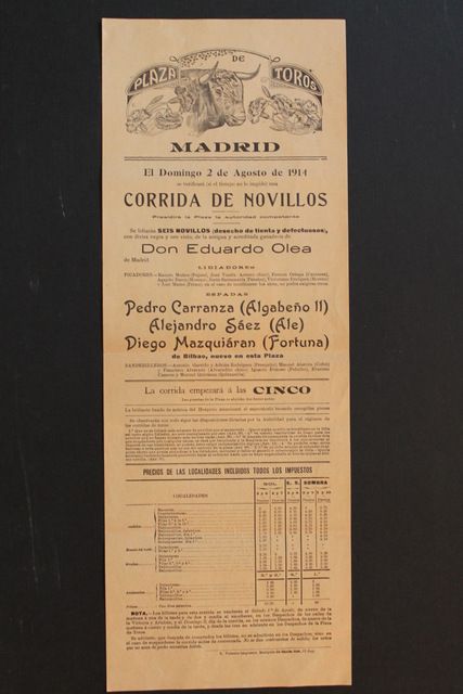 Cartel de toros de Madrid. 2 de agosto de 1914. 