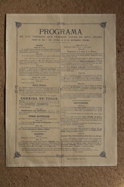 Programa de toros del Puerto de Santa María. Desde el día 7 de julio al 8 de septiembre de 1889.