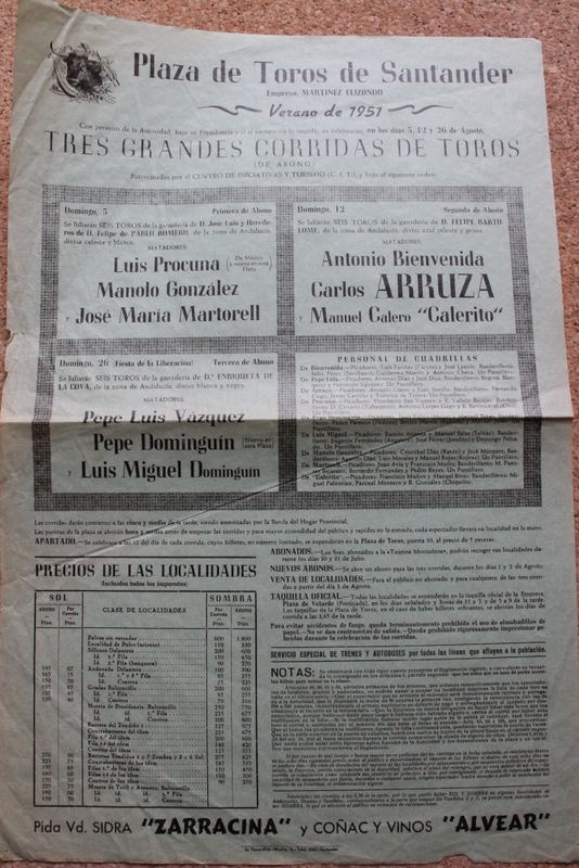 Cartel de toros de Santander. 5, 12 y 26 de agosto de 1951.