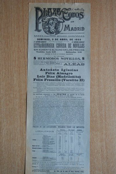 Cartel de toros de Madrid. 1933.