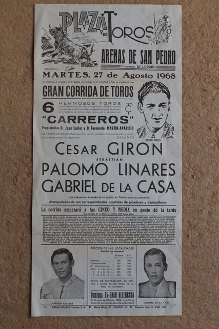Cartel de toros de Arenas de San Pedro. 27 de agosto de 1968.
