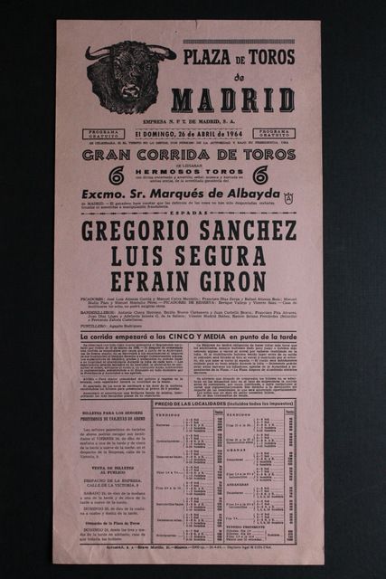 Cartel de toros de Madrid. 26 de abril de 1964.