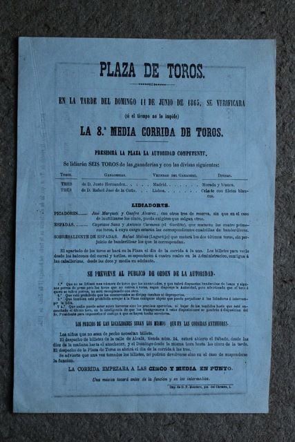 Cartel de toros de Madrid. 11 de Junio de 1865