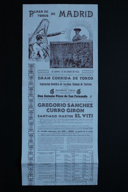 Cartel de toros de Madrid. 14 de junio de 1962. Auxilios Mutuos de Toreros. 