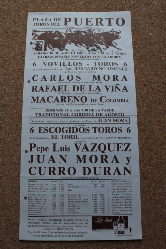 Cartel de toros del Puerto. 30 y 31 de agosto de 1986.