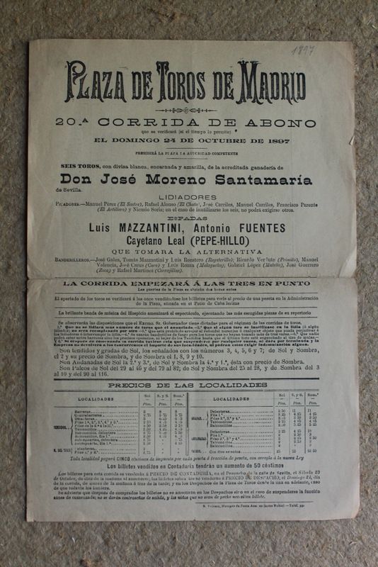 Cartel de toros de Madrid. 24 de octubre de 1897.