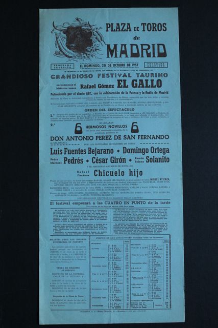 Cartel de toros de Madrid. 20 de octubre de 1957. 