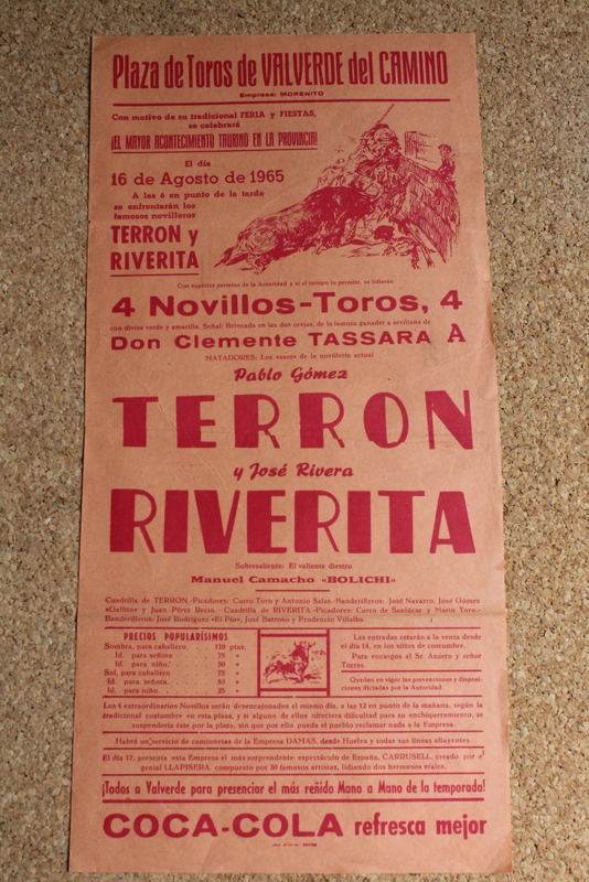 Cartel de toros de Valverde del Camino. 16 de agosto de 1965.