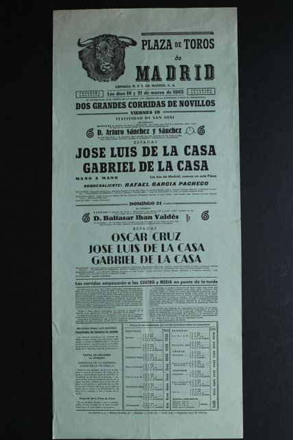 Cartel de toros de Madrid. 19 y 21 de marzo de 1965. 
