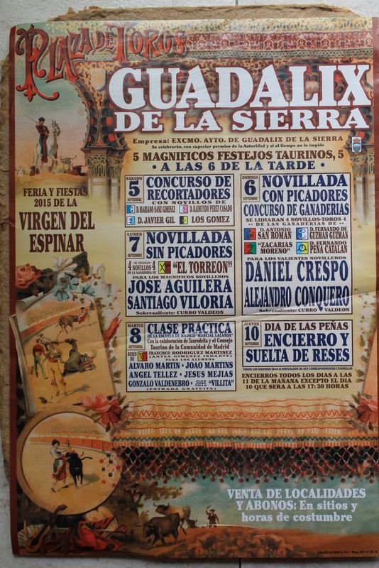 Cartel de toros de Guadalix de la Sierra. Feria y Fiestas de la Virgen del Espinar. 5, 6, 7 y 8 de septiembre de 2015. 