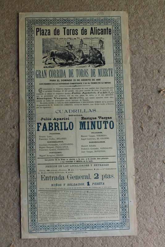 Cartel de toros de Alicante. 23 de agosto de 1896.
