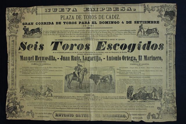 Cartel de toros de Cádiz. Nueva Empresa. 4 de septiembre de 1881.