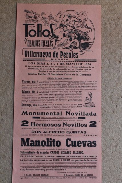Cartel de toros de Villanueva de Perales. 2, 3 y 4 de mayo de 1958.