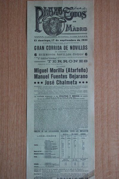Cartel de toros de Madrid. 1933.