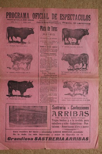Programa de Toros de Madrid. 13 de junio de 1926.