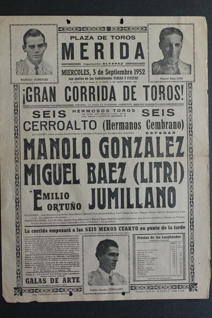 Cartel de toros de Mérida. 3 de septiembre de 1952.