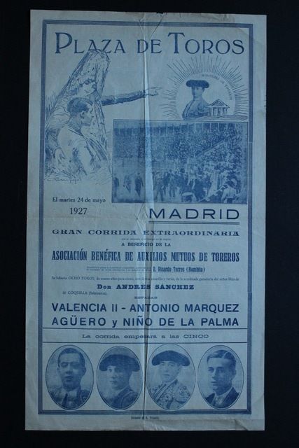 Cartel de toros de Madrid. Gran corrida extraordinaria de la Asociación Benéfica de Auxilios Mutuos de Toreros. 24 de mayo de 1927.