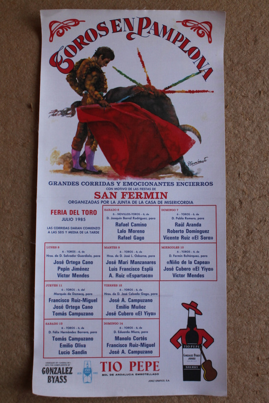 Cartel de toros de Pamplona. Grandes corridas y emocionantes encierros con motivo de las famosas Fiestas de San Fermín. Días 6 al 14 de julio de 1985.
