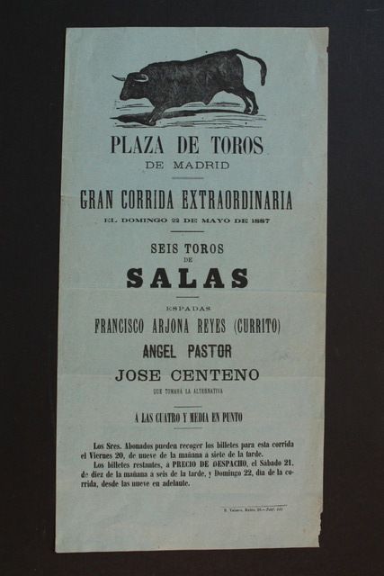 Cartel de toros de Madrid. 22 de mayo de 1887.