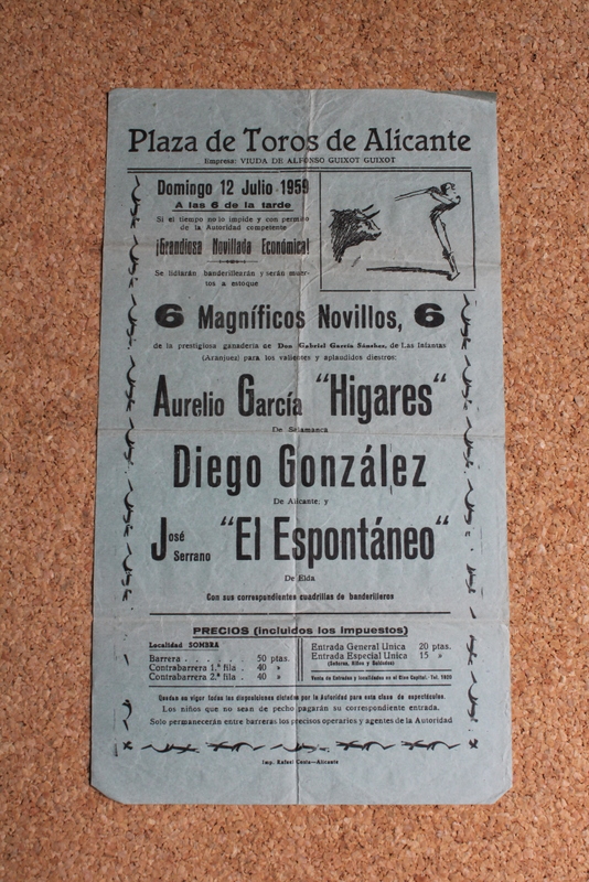 Cartel de toros de Alicante. 12 de julio de 1959.