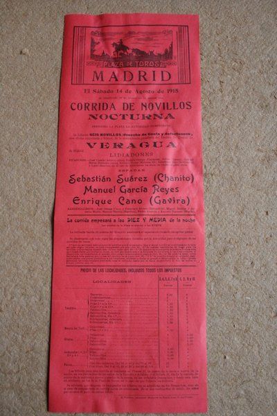 Cartel de toros de Madrid. 14 de agosto de 1915.