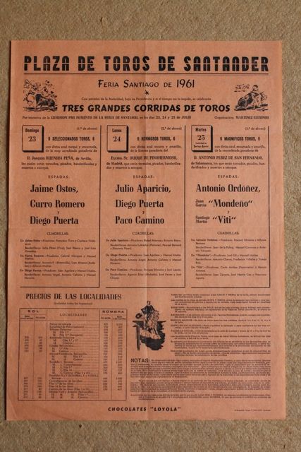 Cartel de toros de Santander. Feria Santiago de 1961. 23, 24 y 25 de julio de 1961.