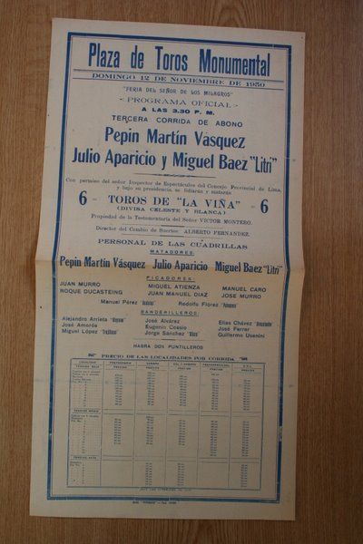 Cartel de toros de Lima. Perú. Feria del Señor de los Milagros. 1950.