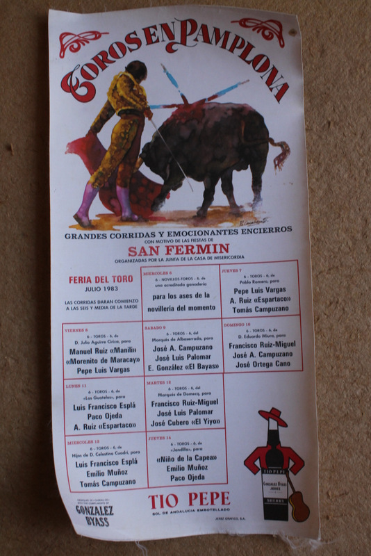 Cartel de toros de Pamplona. Grandes corridas y emocionantes encierros con motivo de las famosas Fiestas de San Fermín. Días 6 al 14 de julio de 1983.