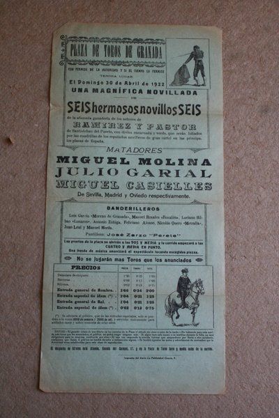 Cartel de toros de Granada. 30 de abril de 1922. 