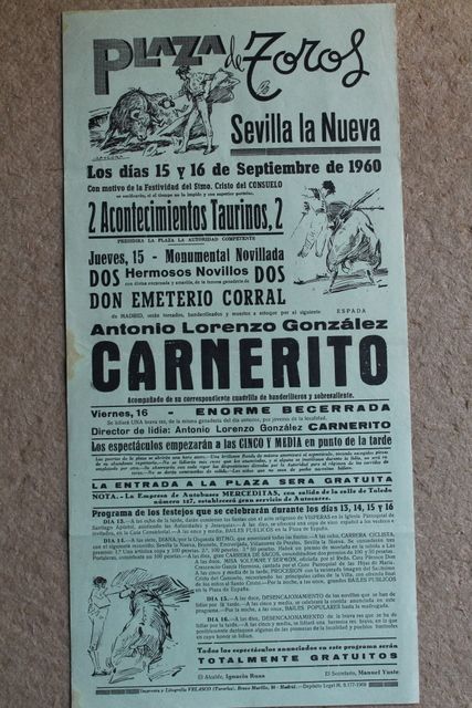 Cartel de toros de Sevilla la Nueva. 15 y 16 de septiembre de 1960.