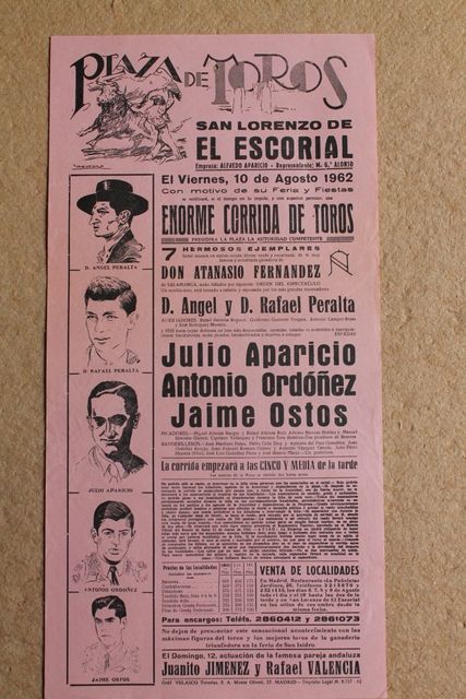 Cartel de toros de San Lorenzo de El Escorial. 10 de agosto de 1962. 