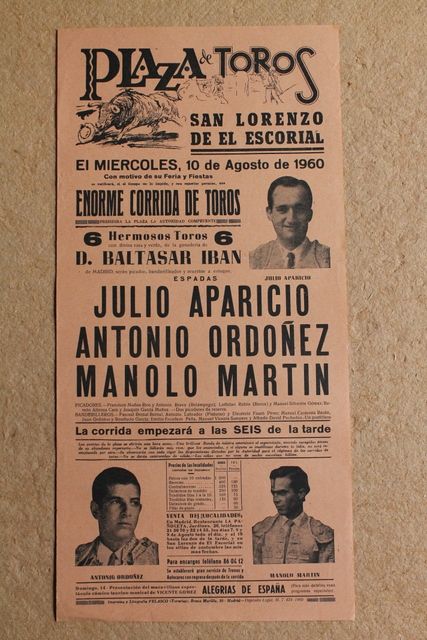 Cartel de toros de San Lorenzo de El Escorial. 10 de agosto de 1960