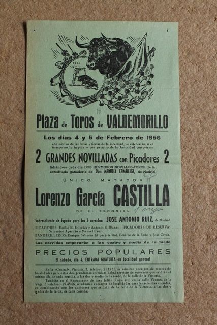 Cartel de toros de Valdemorillo. 4 y 5 de febrero de 1956.