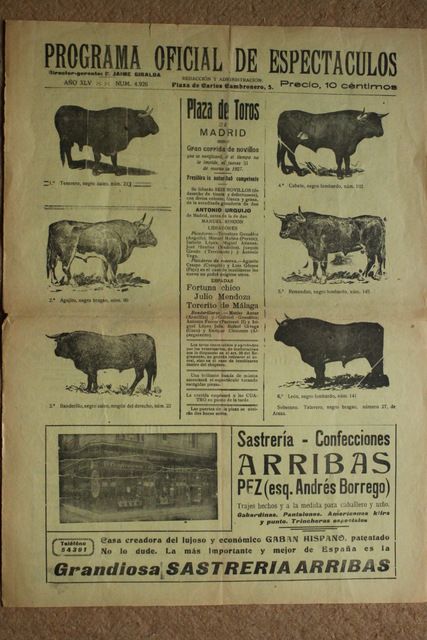 Cartel de toros de Madrid. 31 de marzo de 1927. 