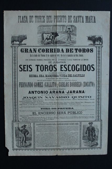 Cartel de toros del Puerto de Santa María. 15 de agosto de 1890.