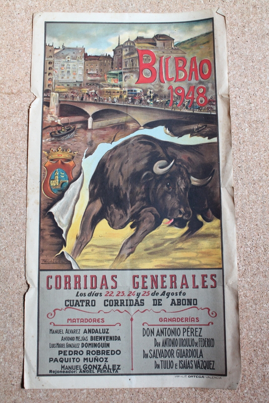Cartel de toros de Bilbao 1948. Corridas generales. Días 22 al 25 de Agosto. 