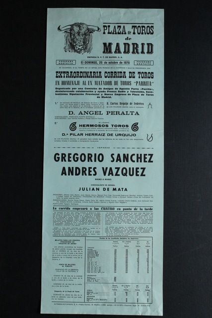 Cartel de toros de Madrid. 25 de octubre de 1970. Homenaje al ex matador de toros Parrita.